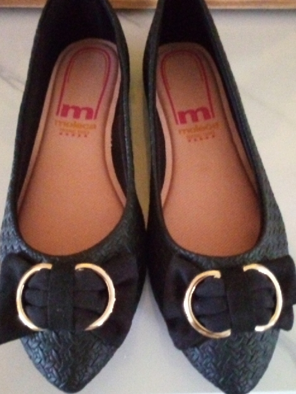 Pointed Black Ballet Flats with Gold Ring Accent